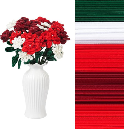 400 Pcs Red Pipe Cleaners for Crafts, 4 Colors Soft Chenille Stems Bulk with Floral Wires, Gardening Tape,Hot Glue Stick，Greeting Card,Bouquet Paper, Pearl & Ribbon, Flowers Craft kit for Christmas
