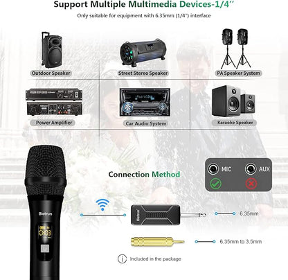 Bietrun Wireless Microphone Dynamic Mic System with Rechargeable Receiver, 1/4" Output, for Karaoke, Church, Speech, Wedding, Party Singing(160 ft Range)-Auto Connect