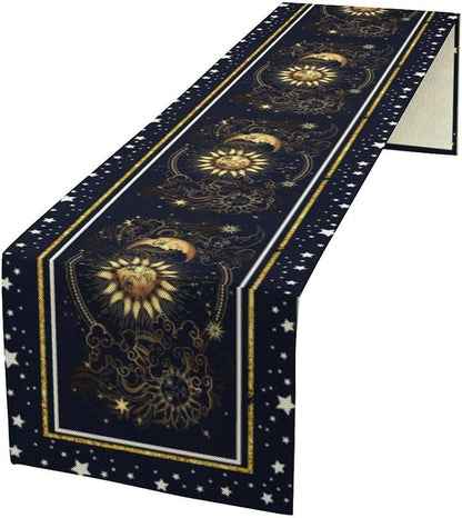 Sun Moon Table Runner, Seasonal Golden Sun Moon Holiday Kitchen Dining Table Runner for Kitchen Living Room Home Party Decor 13x60 Inch