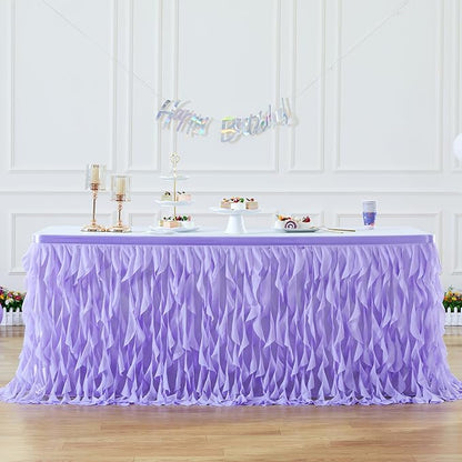 PARTISKY Lavender Purple Tulle Curly Willow Table Skirt for Rectangle Table 17ft, Ruffle Tutu Table Cloth for Girls Boys Baby Shower,Mermaid Birthday Party