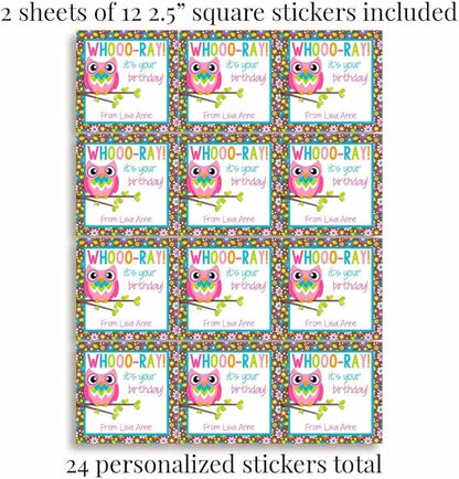 Custom & Personalized Colorful Floral Owl Happy Birthday Gift Tag Sticker Labels, 24 2.5" Square Stickers by Amanda Creation
