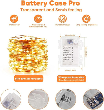 2 Pack 65.6 Ft. Battery Operated Outdoor String Lights with Remote & Timer, LED Warm White Fairy Lights, Waterproof Twinkle Lights for Bedroom, Dorm, Mason Jar, Wedding, Party, Christmas