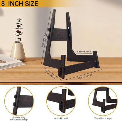 2 Pack 8 Inch Wooden Plate Stands for Display - Plate & Picture Frame Holder for Books, Photos, Plaque, Bowl | Tabletop Decorative Stand