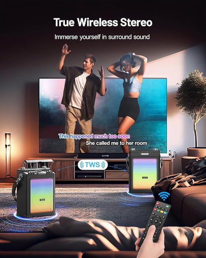 Karaoke Machine for Adults with 2 Wireless Microphones & Guitar Input, Professional Bluetooth 5.3 Speaker, Portable Wooden Karaoke PA System with Bass/Treble Adjustable for Backyard, Home Party