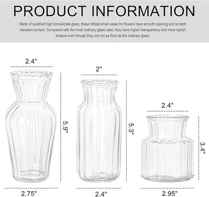 Modern Clear Glass Vase Set - 3Pcs Small Handmade Flower Vases, Decorative Mini Bud Vases for Wedding Reception, Dining Table, and Home Decor - Perfect for Single Stem Flowers