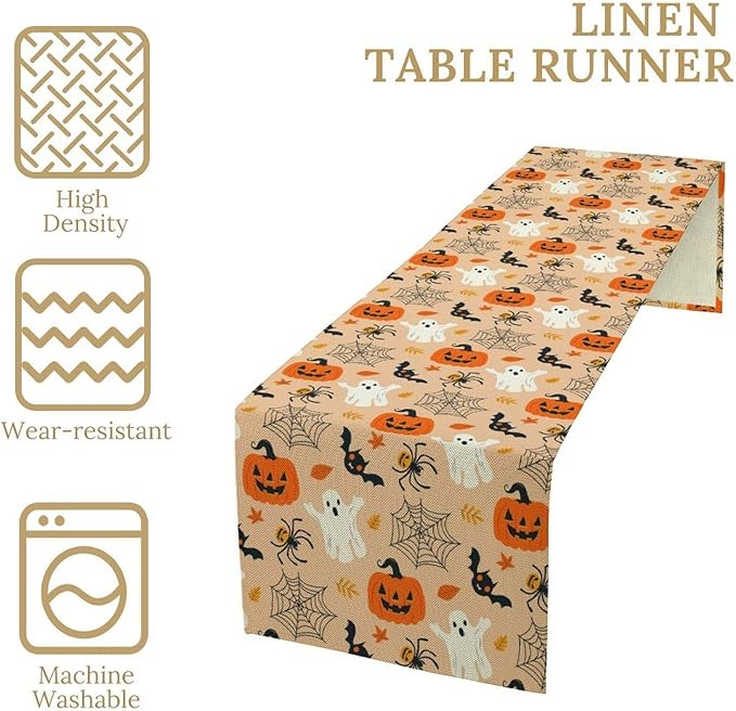 Halloween Table Runner,Cute Ghost Pumpkin Leaves Table Runner for Kitchen Dining Table Decoration Home Party Decor 13x60 Inch