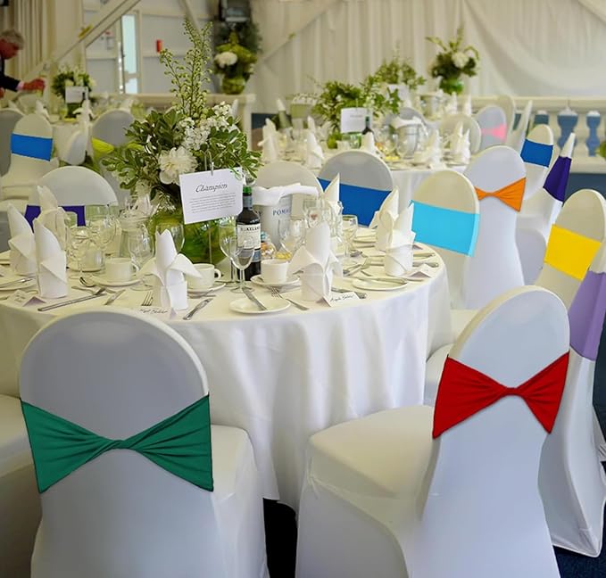 MDS Pack of 25 Spandex Chair Sashes Bows Elastic Stretch Dining Chair Bands Ties Without Slider Buckle Universal fits for Wedding Baby Shower Birthday Party Banquet Event Decoration - Red