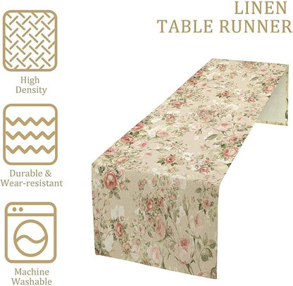 Lovely Rose Table Runner, Red and White Vintage Rose Delicate Floral Natural Pattern Long Table Restaurant Kitchen Holiday Party Decoration,13in（33cm） W * 108in（274cm） L