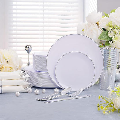 KIRE 350 PCS Plastic Dinnerware Set for 50 Guests, Silver Plastic Plates Include 50 Dinner, 50 Dessert Plates, 50 Pre Rolled Napkins with Silverware, 50 Cups for Wedding, Party, Banqet, Gathering