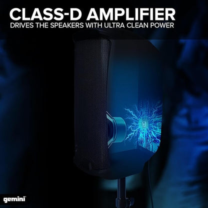 Gemini 8” 500W Bluetooth PA Speaker with TWS Link, USB/SD/FM, XLR/RCA/AUX Inputs, Mic & Guitar Channels, Compact Powered DJ Speaker for Gigs, Events & Easy Transport (AS-2108BT)