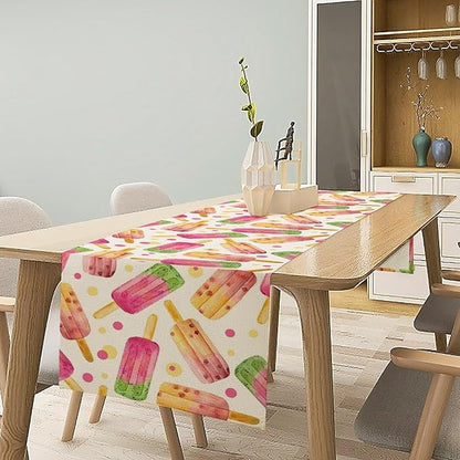 Ice Cream Popsicles Table Runner, Watercolor Summer Seasonal Fruit Peach Kiwi Berry Popsicles Orange Pink Sweet Dessert Dinner Runner for Party Holiday Home Kitchen Dining Table Decor 13"x70"