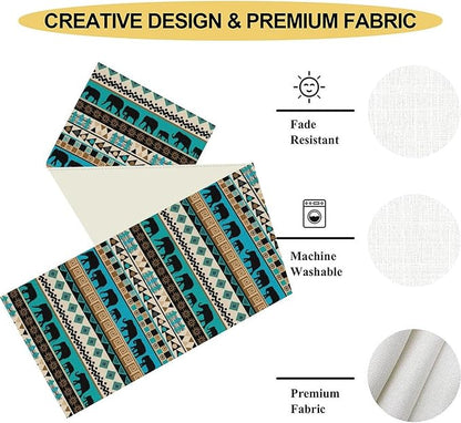 Boho Table Runner, Rustic Aztec Blue Teal African Elephant Tribal Ethnic Native Farmhouse Table Center Decor For Home Kitchen Dining Patio Holiday Party Indoor Outdoor Table Decorations, 13"x108" Inch