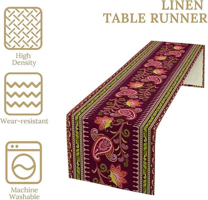 Dark Red Paisley Table Runner, Vintage Boho Paisley Flowers Geometric Print Table Cover for Farmhouse Wedding Party Home Kitchen Dining Table, 13x70inch