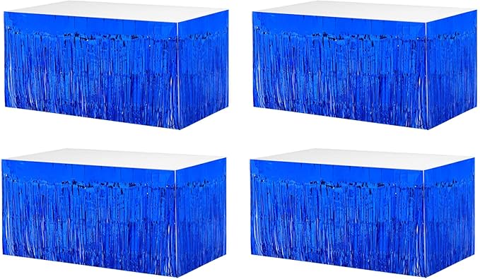 4 Pack 29x108 Inch Metallic Foil Fringe Tinsel Table Skirts for Rectangle Tables Streamer Curtains Backdrop for Wedding, Birthday, Parade Floats, Christmas, Halloween Party Decoration(Blue)