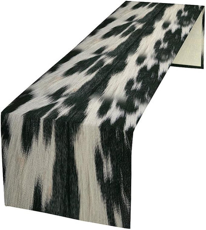 Rustic Cow Skin Print Table Runner, Country Farm Animal Fur Skin Pattern Western Style Brown Cowhide Print Cotton Linen Cottage Dinner Runner for Home Kitchen Dining, 13x120 Inch