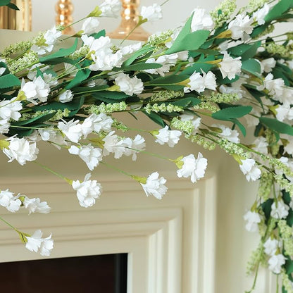 Mizii White Artificial Flower Garland 6FT Fake Wildflower Floral Garland Hanging Vines Spring Summer Flowers Decorations for Mantle Table Centerpieces Room Wall Fireplace Wedding Decor (White)