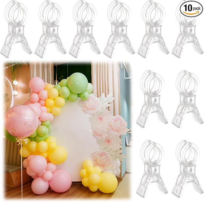 LemonRoad 10 Pack Large Balloon Arch Clips Plastic Transparent Backdrop Spring Clamps 3.5 Inch Heavy Duty Clip for Balloon Arch Kit Birthday Decoration Crafts Woodworking Photography Studios (Clear)