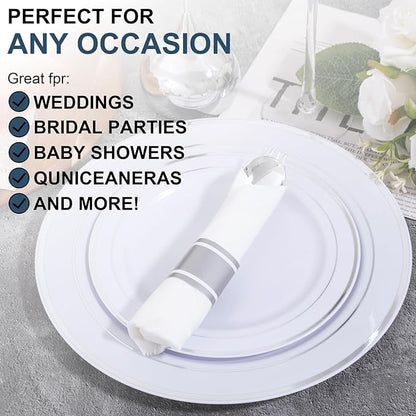 50Guests Pre Rolled Silver Plastic Silverware Sets - Heavy Duty Silver Cutlery - Include 50 Pack Wrapped Disposable Utensils with Napkins for Parties & Dinners & Weddings