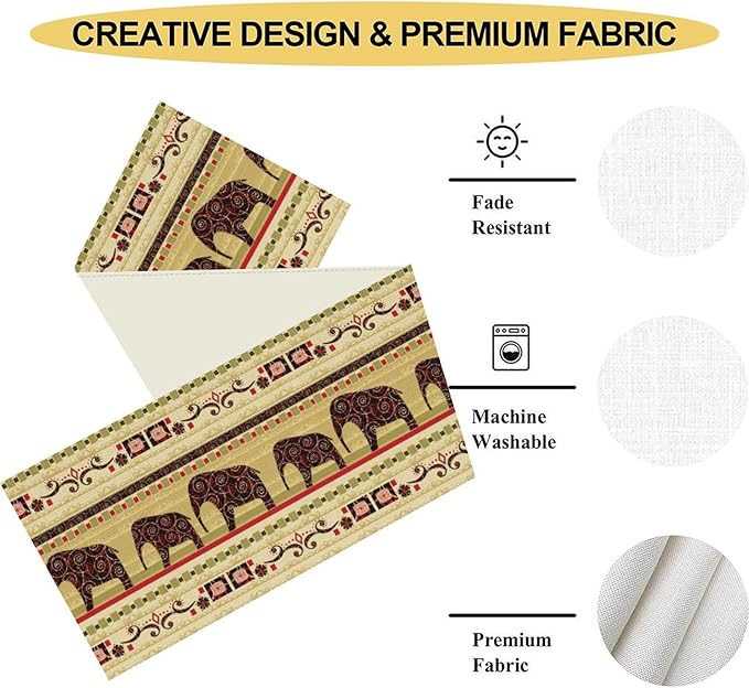 Boho Elephant Table Runner, Vintage Tribal Traditional Bohemian African Animals Ethnic Folk Table Center Decor for Home Kitchen Dining Patio Holiday Party Indoor Table Decorations, 13"x72" Inch