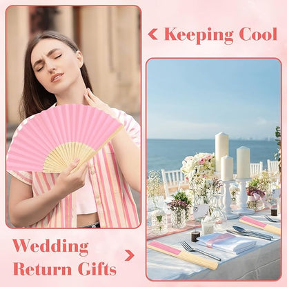 12 Pieces Pink Hand Held Bamboo Folding Fans Paper Fans Handheld for Women Foldable Girls Wedding DIY Decoration Church Home Party Favors Summer