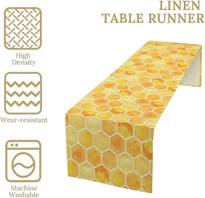 Honeycomb Bee Table Runner, Cute Abstract Geometric Yellow Honeycombs Print Table Cover for Kitchen Dining Table Indoor Outdoor Party Decor, 13x36inch