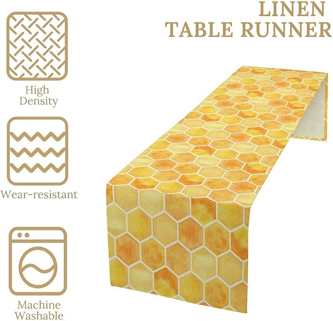 Honeycomb Bee Table Runner, Cute Abstract Geometric Yellow Honeycombs Print Table Cover for Kitchen Dining Table Indoor Outdoor Party Decor, 13x70inch