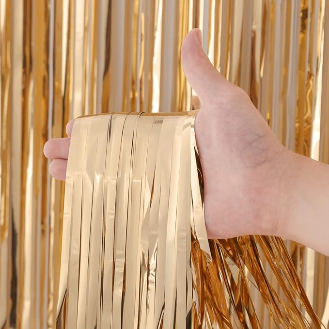 2 Pack Champagne Foil Fringe Backdrop Curtains, Tinsel Streamers Birthday Party Decorations, Fringe Backdrop for Graduation, Baby Shower, Gender Reveal, Disco Party