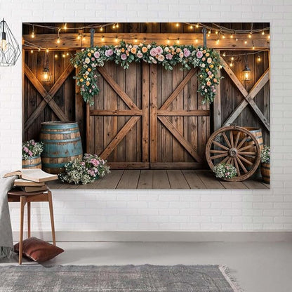 12x10ft Country Wedding Photography Backdrop Rustic Barn Door Photography Backdrop Farmhouse Pink Flower Cabin Wooden Birthday Baby Shower Wedding Bridal Party Banner Photo Booth Props Background