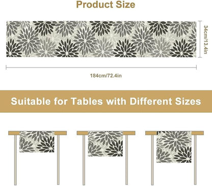 Gray Dahlia Flower Table Runner, Vintage Modern Linen Geometric Pattern Floral Table Runner Spring for Farmhouse Kitchen Dining Party Holiday Party, 13x108 Inch