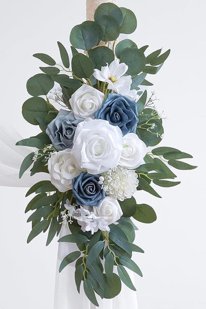 Dusty Blue Artificial Wedding Arch Flowers Kit (Pack of 3) with 26Ft White Shiny Arch Draping Fabric for DIY Wedding Party Ceremony Reception Backdrop Floral Decoration