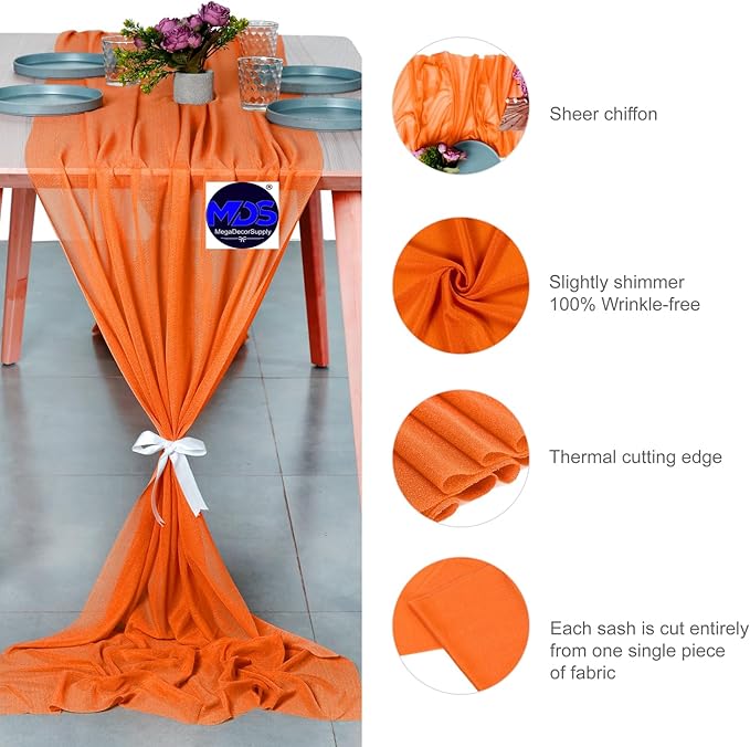 MDS Halloween Chiffon Table Runner - 5 Pack, 29 x 170 Inches, 14ft Each - Sheer Spooky Table Runners for Haunted House Parties, Trick-or-Treat Tables, Witchy Décor, Wedding & Events - Orange