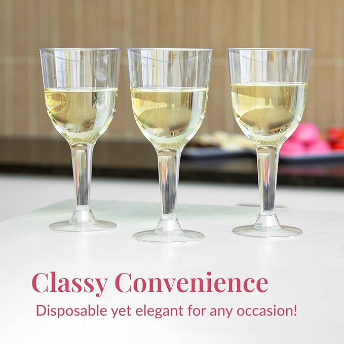 Prestee 24 Clear Stemmed Plastic Wine Glasses - 10 oz Disposable Wine Glasses for Parties - Plastic Wine Cups with Stem for Weddings, Wine Tasting, Patio Gatherings, and Elegant Party Supplies