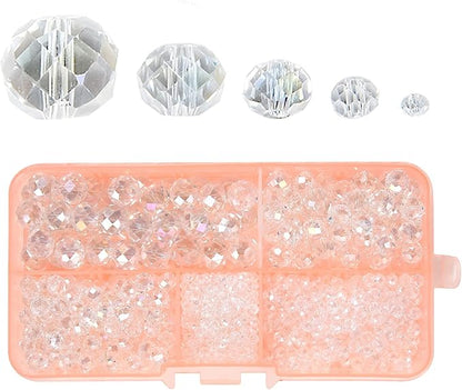 2-10mm Briolette Rondelle 810pcs White AB Crystal Glass Beads Faceted Shape Crystal Spacer Beads for Bracelet Necklace Decorative Hand Jewelry Making (2/4/6/8/10mm White AB)