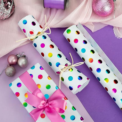 Burymento Rainbow Dots Wrapping Paper, Gift Wrap for Birthday, Valentines, Mothers day, Graduation, Wedding, Fathers day, Baby Shower, Christmas (17in x 32.8ft)