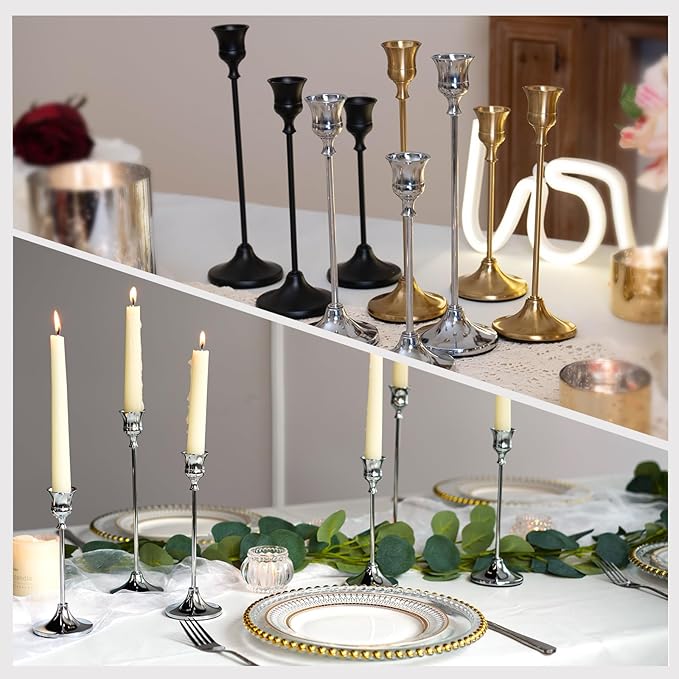 CHILL RECIPE Silver Taper Candle Stick Holders Tall Candle Holder, Vintage Candlesticks Holder Bulk for Home Decor Table Centerpiece Dining Party Festival Decorations(1 Set 3Pcs)