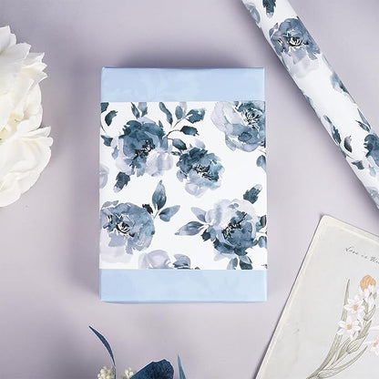 RUSPEPA Reversible Floral Wrapping Paper for Girls Women, Mini Roll, Watercolor Blue Floral and Solid Blue Gift Wrap Paper for Birthday, Wedding, Mother's Day, Bridal Shower, 17 Inches x 16.4 Feet
