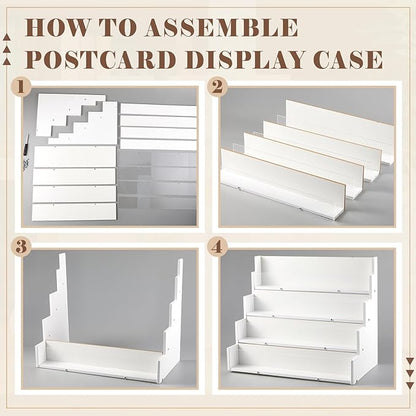 4 Tier Greeting Card Display Stand White Bamboo and Acrylic Sticker Display Stand Trading Card Holder Retail Photos Shelf for Vendors Craft Collection & Show