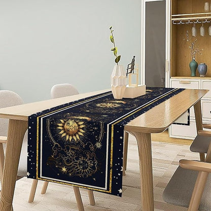 Sun Moon Table Runner, Seasonal Golden Sun Moon Holiday Kitchen Dining Table Runner for Kitchen Living Room Home Party Decor 13x70 Inch