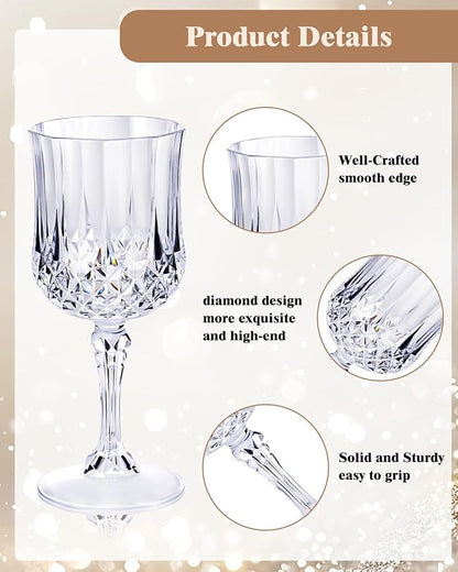 Ciaell 24PCS Plastic Wine Glasses - 7 Oz Plastic Goblets for Party - Clear Vintage Drinking Glasses - Disposable Water Goblets Set for Wedding, Bar, Wine, Beer, Juice, Cocktail, Whiskey