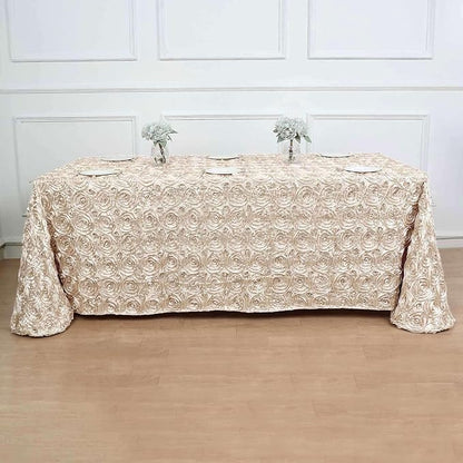 Efavormart 90"X132" Beige Grandiose 3D Rosette Satin Rectangle Tablecloth for Wedding Party Event