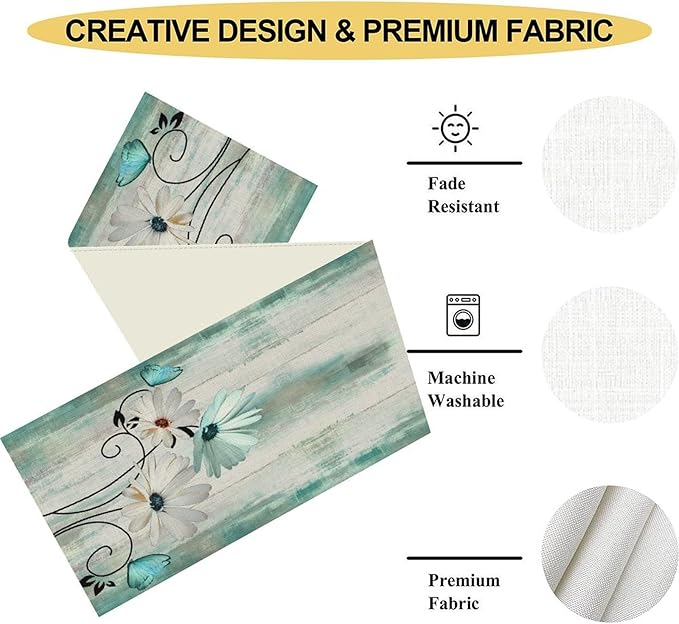 Daisy Floral Table Runner, Farmhouse Spring Seasonal Summer Teal Green White Flower Rustic Abstract Table Center Decor for Home Kitchen Dining Holiday Party Indoor Table Decorations, 13"x108" Inch