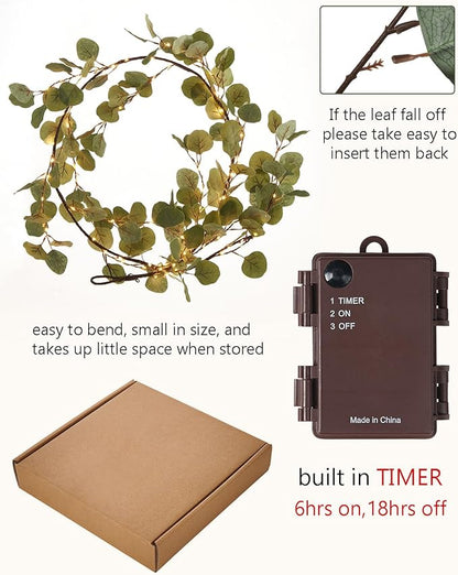 Fudios Lighted Twig Eucalyptus Garland 6FT 96 Warm White LED Battery Operated with Timer for Mantle Fireplace Wedding Party Spring Bedroom Decoration Indoor Outdoor Use