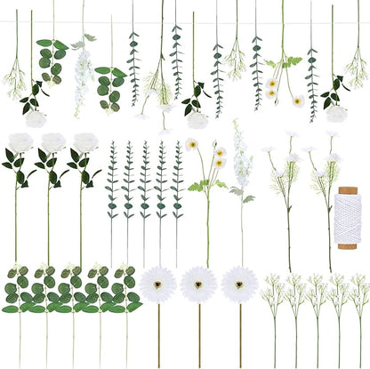 Hoteam 26 Pcs DIY Flower Garland Artificial Hanging Wildflower Backdrop Set Fake Rose Eucalyptus Daisy Poppy Wild Flower Decor for Wedding Party Birthday Home Garden (White)