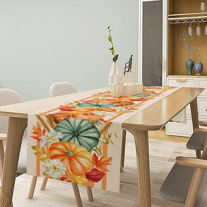 Autumn Table Runner,Orange Pumpkin Flowers Leaves Fall Table Runners Seasonal Kitchen Dining Table Decor for Thanksgiving Harvest Home Holiday Party 13x90 Inch