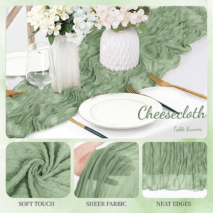 6 Pack Sage Green Cheesecloth Table Runner 23x120 inch Rustic Boho Gauze Table Runner 10 FT Long Sheer Cheese Cloth Fabric Table Runners for Romantic Wedding Bridal Shower Birthday Party Decor