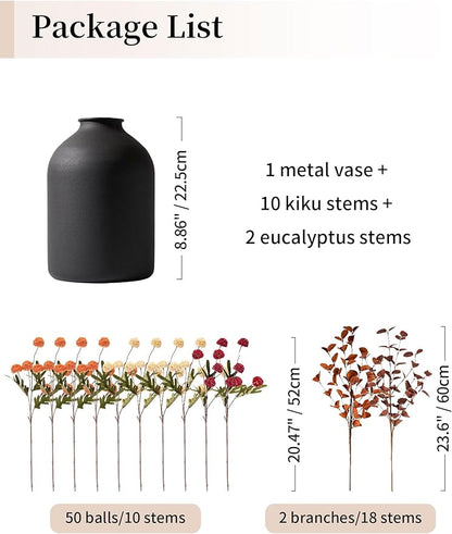 BLOSMON Fall Flowers in Vase for Centerpieces: Metal Vase with 12 Stems of Fake Mums Kiku Flowers Eucalyptuses Home Thanksgiving Table Decoration - Burnt Orange Artificial Pom Poms Floral Arrangement