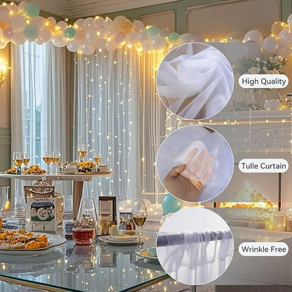 Ledido 10×8ft Tulle Backdrop Curtains with Lights String - 300LED Fairy Lights Sheer Curtain Backdrop for Weddings Baby Shower and Birthday Party Decorations(2 Panels 5×8ft)
