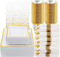 Goodluck 352 Piece Gold Dinnerware Set for 50 Guests, Thanksgiving Square Plastic Plates with Gold Trim, Include: 100 Plastic Plates, 50 Rolled Napkins, 50 Cups, 50 Cutlery Set and 2 Tablecloth
