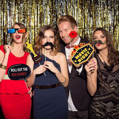 34pcs Hollywood Themed Movie Night Party Photo Booth Props, Hollywood Selfie Frame with Party Photo Props, Red Carpet Cutouts Cards Table Toppers Theme Decor Movie Night Party Supplies