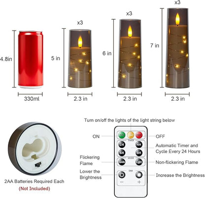Raycare Flameless Candle with Remote Timer – 9 Flickering Acrylic Battery Operated LED Pillar Candles with Embedded Star String for Halloween, Fall Decor, Harvest Festival Gifts(Grey)